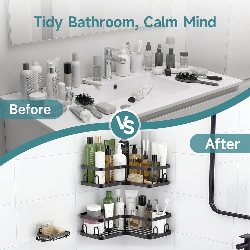 Veken Corner Shower Caddy - 4-Pack Adhesive Shelves with Soap Holder & Hooks | Rustproof, Waterproof, Black