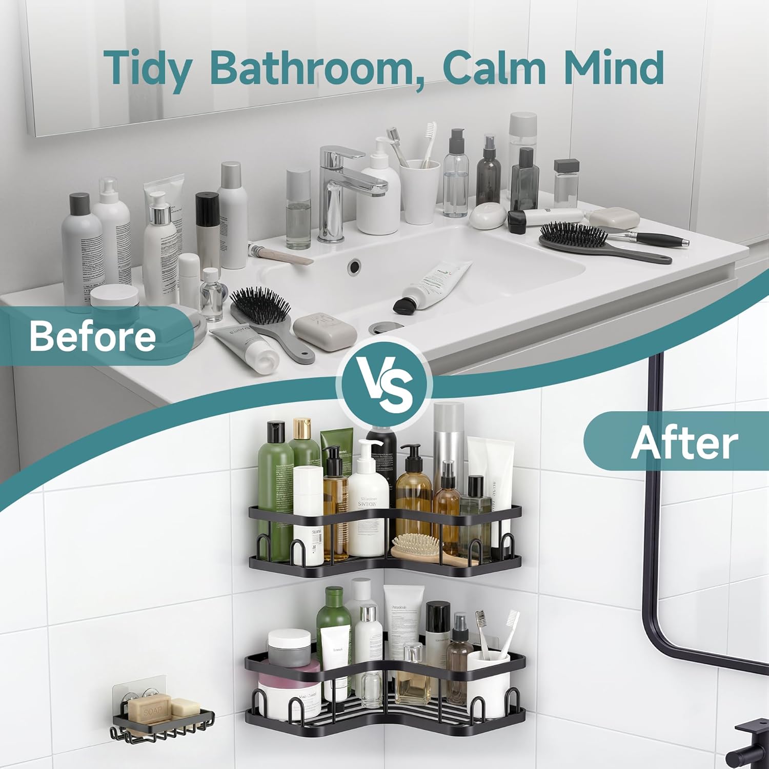 Veken Corner Shower Caddy - 4-Pack Adhesive Shelves with Soap Holder & Hooks | Rustproof, Waterproof, Black
