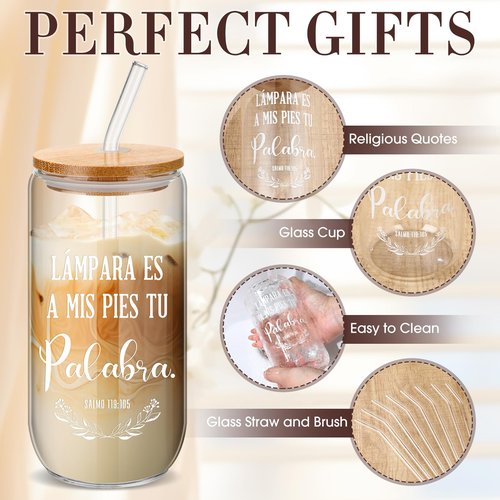 Funnymoom 24 Pcs Spanish Christian Gifts for Women Mom Regalos Cristianos Para Mujer 16 oz Religious Glass Cups with Bamboo Lids and Straws Brushes Bible Verse Coffee Tumbler for Church Gifts