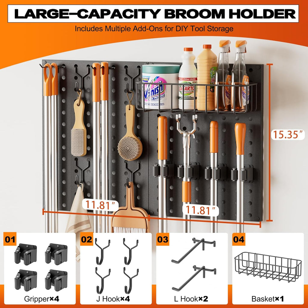 Pegboard Wall Organizer by Broom Holder - Mop Hanger Gripper Hooks & Storage Basket for Laundry Room
