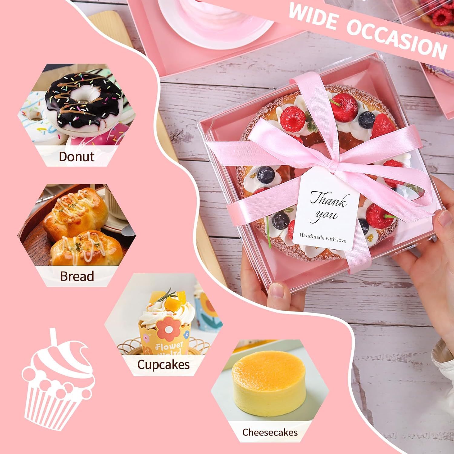 Regine Switzerland Paper Cake Boxes - 50 Pack Pink Large Charcuterie Containers | Clear Lids, 7x7x4 Inches for Desserts