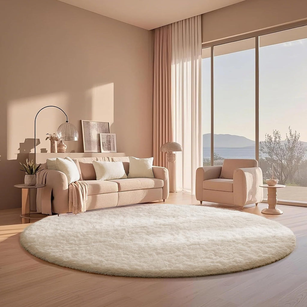 Ophanie Round Rugs - 6Ft Ivory Circle Area Rug | Fluffy Plush Shaggy Carpet for Kids' Rooms & Nurseries