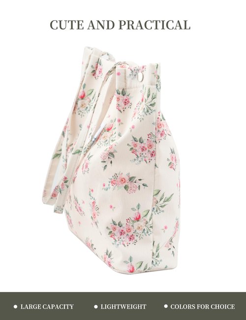 Corduroy Tote Bag Cute Tote Bags for Women Shoulder Bag with Inner Pocket for Work Beach Travel and Shopping Grocery (Peony)