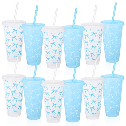 Pickmesh 12 Pcs 24 oz Blue Bow Plastic Cups with Lid and Straw Gift Coquette Bow Birthday Decorations Reusable Party Cups Tumbler Water Bottle Gift for Wedding Bridal Engagement Baby Shower