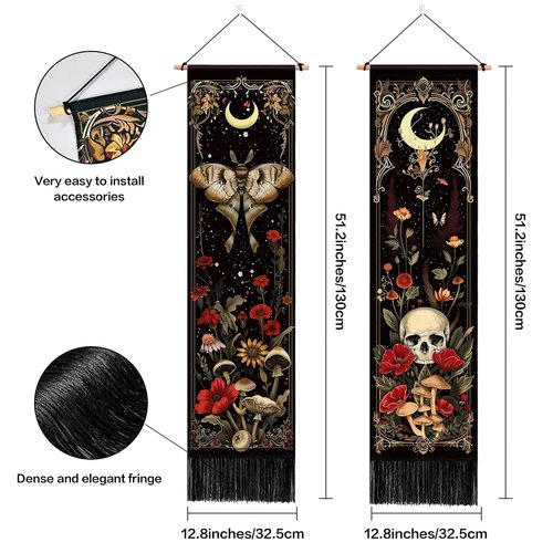 ARTCREATOR Pack of 2 Witchy Gothic Wall Bedroom Decor Moth Moon Tapestry Skull Mushroom Vertical Tapestries Retro Floral Flowers Tapestries for Bedroom Aesthetic Art Room (12.8 x 51.2 inches)