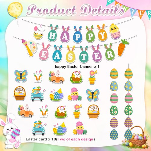 53pcs Easter Decorations for Home Easter Garland Happy Easter Banner Easter Decorations Indoor with Egg Bunny Hanging Swirl for Home School Classroom Easter Party Decorations