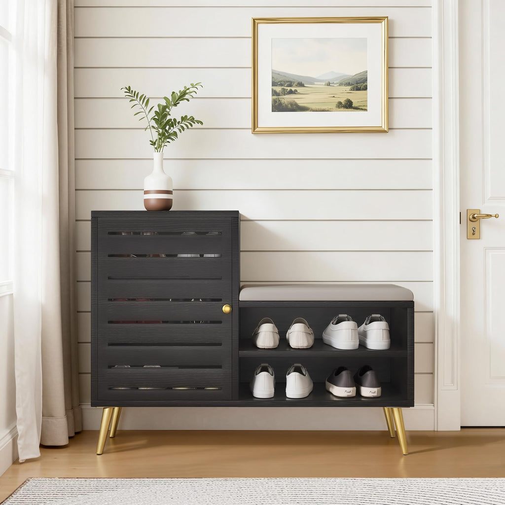 VECELO Shoe Storage Bench with Door&Shelf, Entryway Bench with Seat Cushion, for Hallway, Bedroom, Living Room, L-Shaped, Black