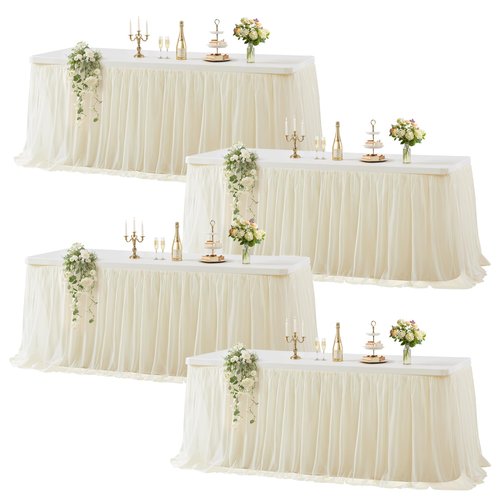 Wish Care 4 Pack Light Champagne Tulle Tablecloth for 6 Foot Rectangle Tables Ruffle Stretch Fitted Table Cloth Tutu Skirt Wrinkle Free Table Cover for Party Wedding Birthday Banquet Cake Tables Decor
