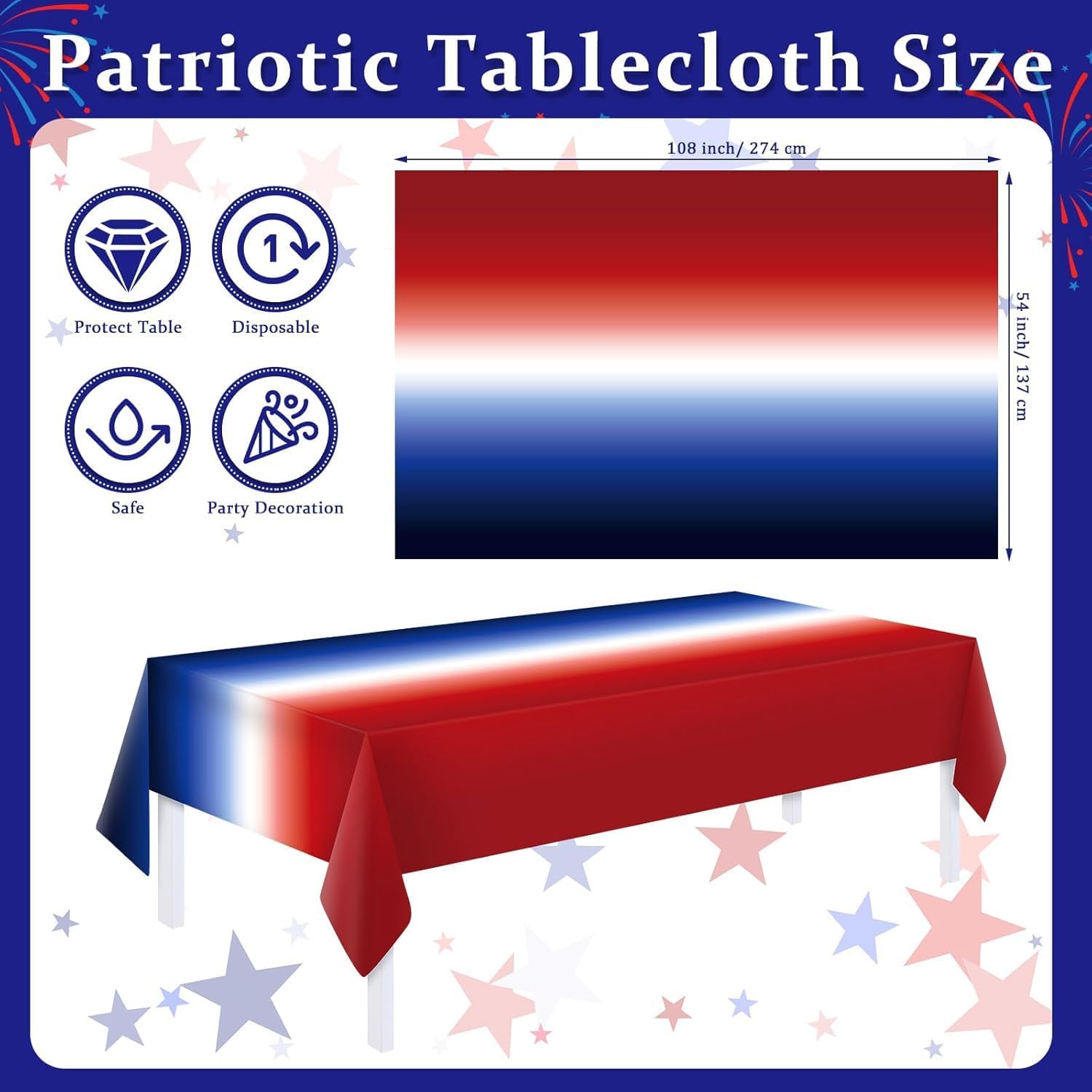 Oudain 12 Pack Patriotic Tablecloths - 54" x 108" Red, White & Blue Gradient for 4th of July Celebrations