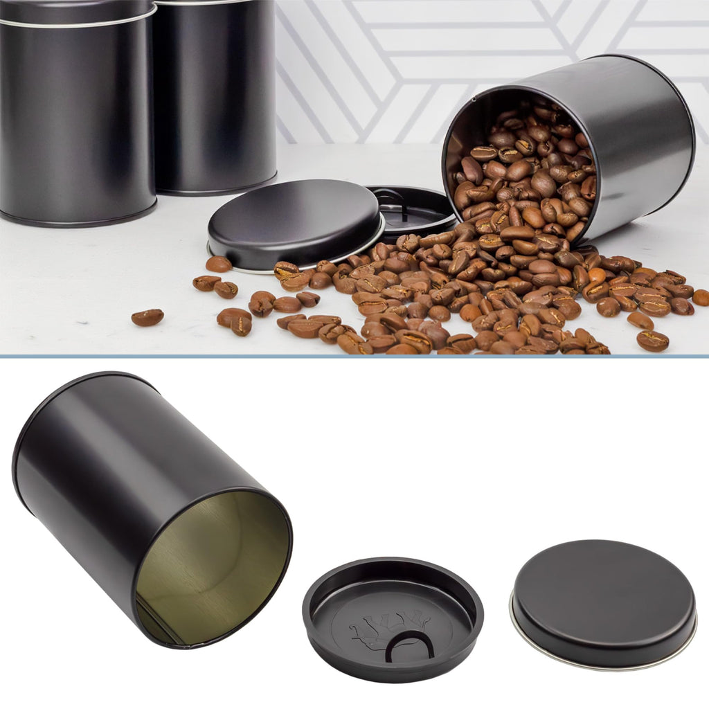 Cornucopia Brands Double Seal Tea Canisters (6-Pack); Black Metal Round Tea Tins w/ Interior Molded Plastic Seal