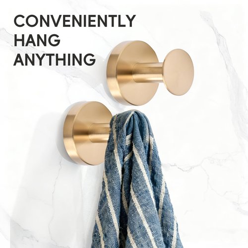 YWCOO Towel Hooks for Bathroom 304 Stainless Steel Coat Robe Clothes Hook for Bathroom Kitchen Living Room Wall Mounted Shower Hooks for Inside Shower 2 Golden (Drilling Installation)