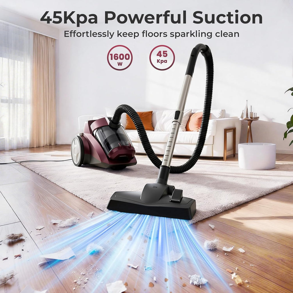 Skiennix Canister Vacuum Cleaner - 1600W Bagless Design with 45Kpa Suction Power | 4Qt Dust Cup, 5 Tools, Lightweight for Home & Pets