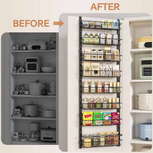 MIAOLI Over the Door Pantry Organizer, 8-Tier Adjustable Spice Rack Cabinet Door Shelves, Hanging Seasoning Organizer for Kitchen Bathroom, Laundry Room Organization, Black