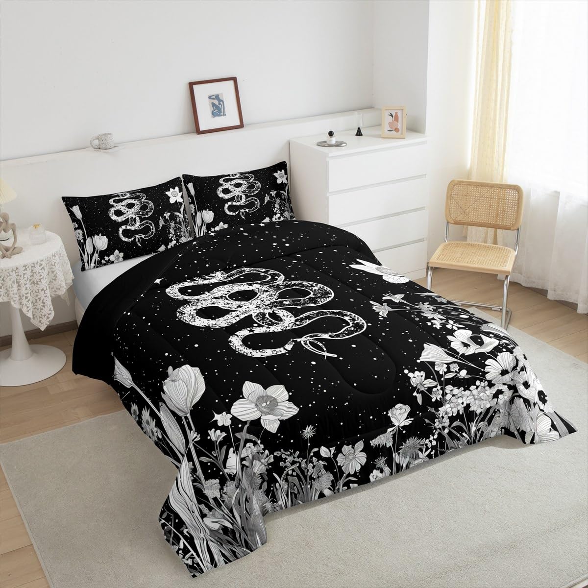 Snake Comforter Set Twin Size,Night Moon Starry Sky Bedding Set 2Pcs,Boho Flower Leaves Botanical Print Quilt Set for Kids Boys Girls Teens Room Decor Gothic Animal Duvet Insert,1 Pillowcase
