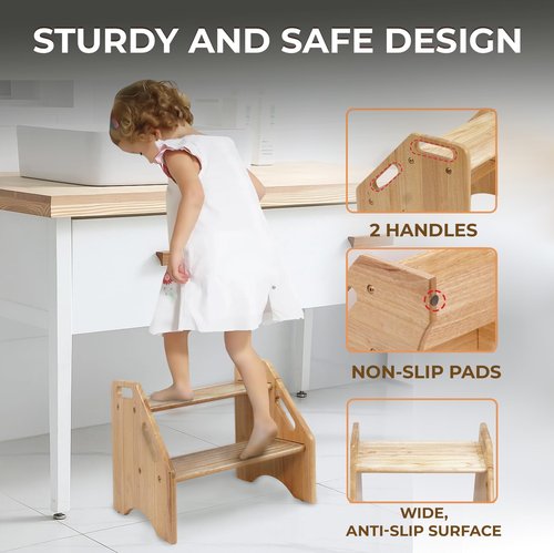 NABYTOK Wooden Step Stool for Toddlers and Adults, 300 lbs Capacity, Two Tier Bathroom Stool with Handles, Lightweight Non-Slip Pads, for Toilet, Sink or Kitchen Use