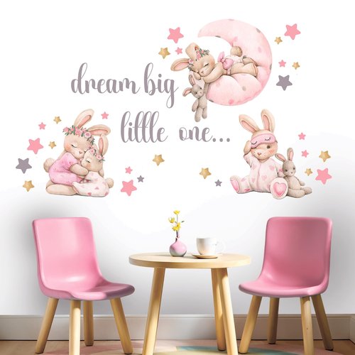 Pink Bunny Nursery Wall Decals-Baby Girl Room Rabbit Wall Decor, Animal Stickers for Kids Playroom, Toddler Bedroom and Nursery Decoration, Removable Vinyl Decals, Peel and Stick Easy to Apply.