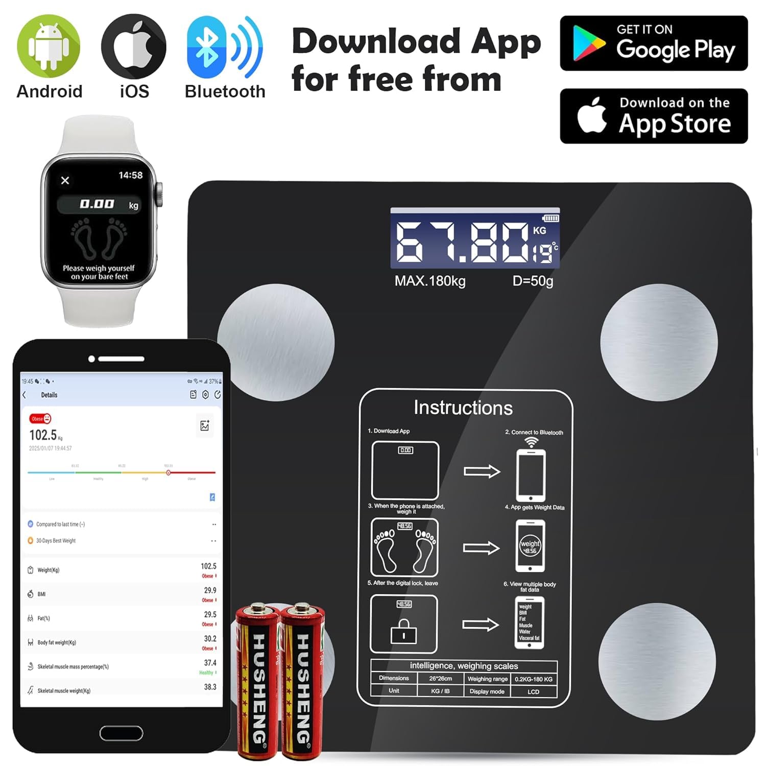 Smart Scale for Body Weight, Digital Bathroom Weighing Scale with Smart Sync App, BMI, Body Fat, Muscle Mass, Accurate Bluetooth Home User Health Equipment