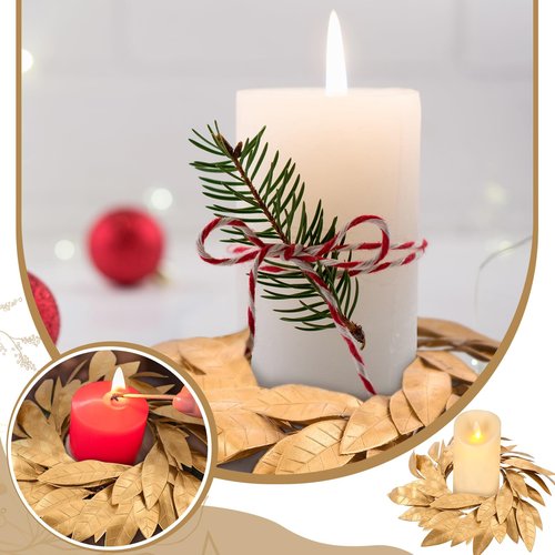 Domensi 2 Pcs Christmas Artificial Gold Bay Leaf Candle Rings Gold Bayleaf Candleholders Wreath for Pillar Candles 3.9 Inch Candles Holder for Christmas Rustic Table Centerpiece Decor