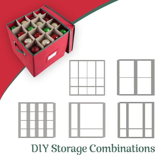 Elf Stor Christmas Decor Storage Box - Red Oxford Canvas Ornament Cube with 64 Compartment Dividers & Lid