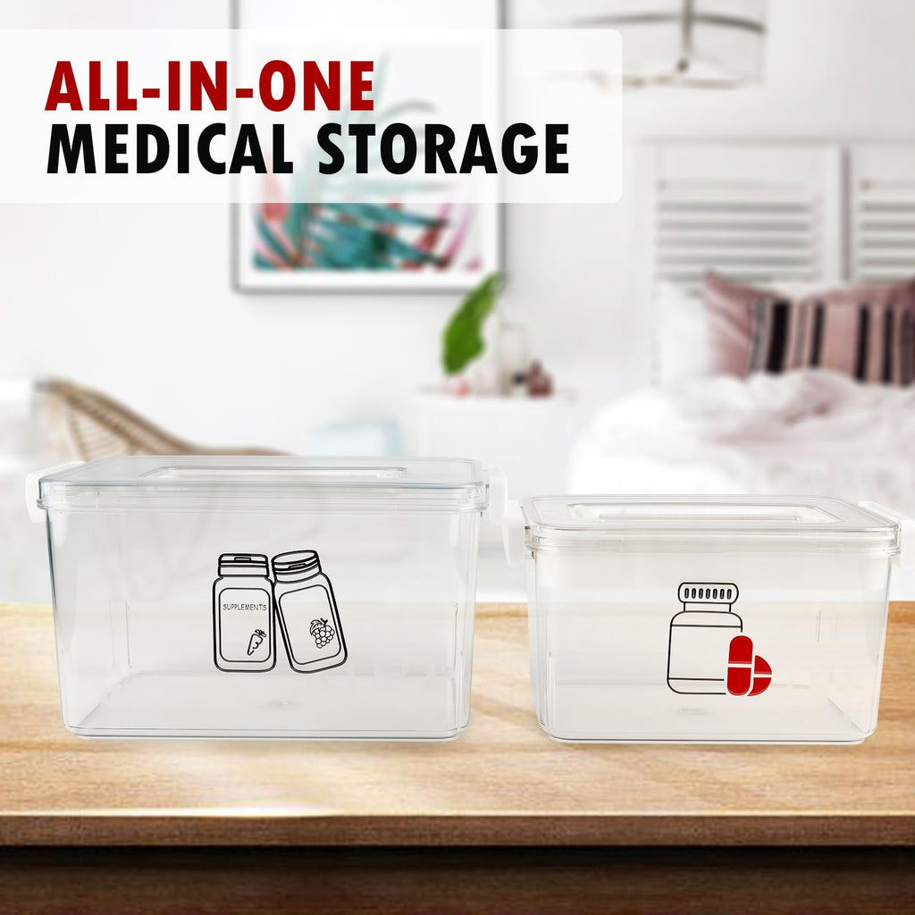 Xbopetda First Aid Box Empty and Vitamin Bottle Organizer Set, Clear Plastic Medical Box with Snap-Off Lid & Handle for Supplements Medicine Storage