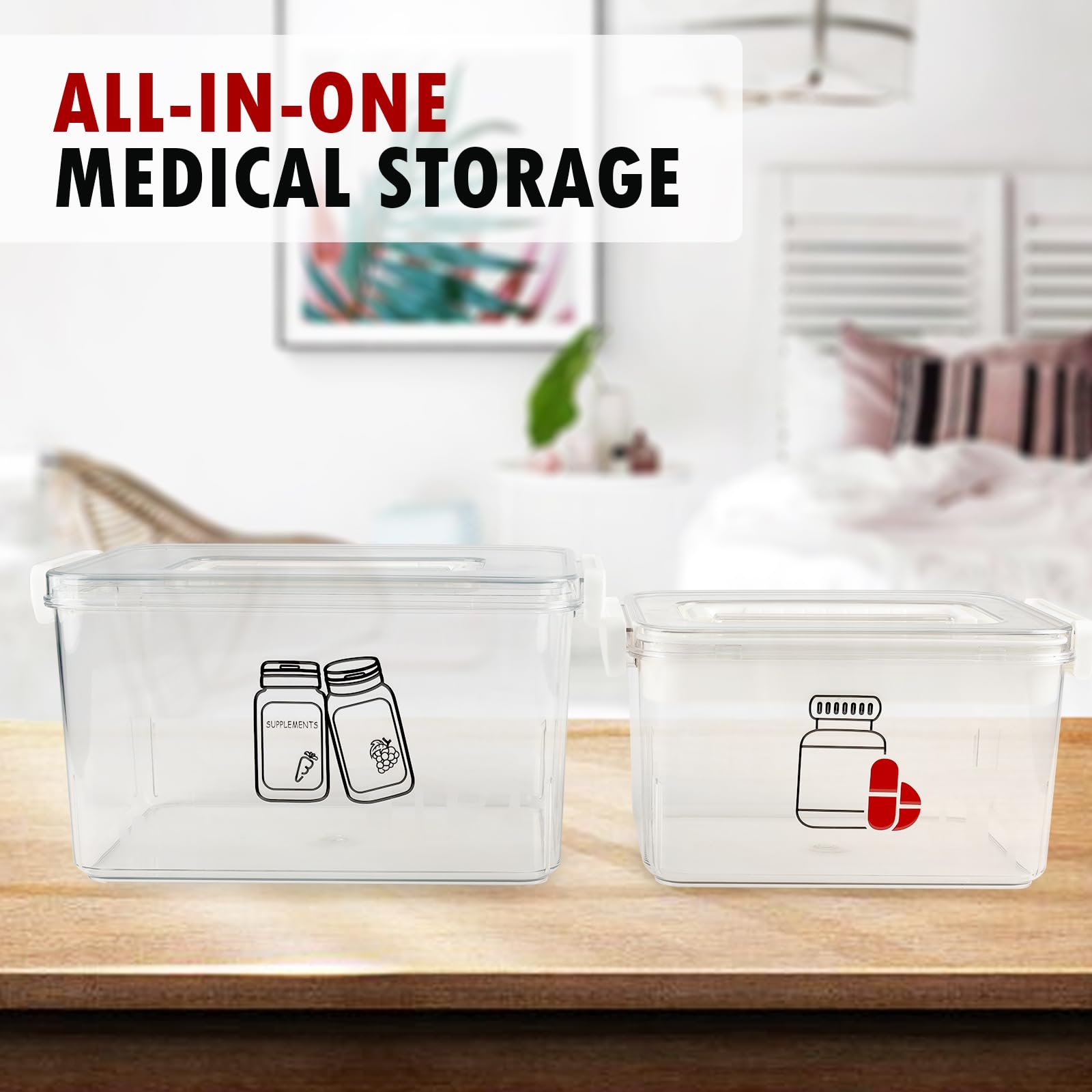 Xbopetda First Aid Box Empty and Vitamin Bottle Organizer Set, Clear Plastic Medical Box with Snap-Off Lid & Handle for Supplements Medicine Storage