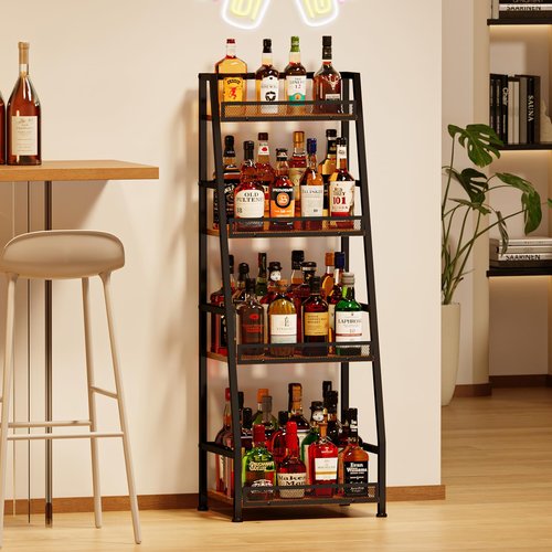 4-Tier Trapezoid Liquor Stand for Home Bar, Stepped Wine Rack Freestanding Floor for Liquor Whiskey Wine, Versatile Corner Wine Bottle Display Stand with Fences, Vintage Brown（Patent Pending）