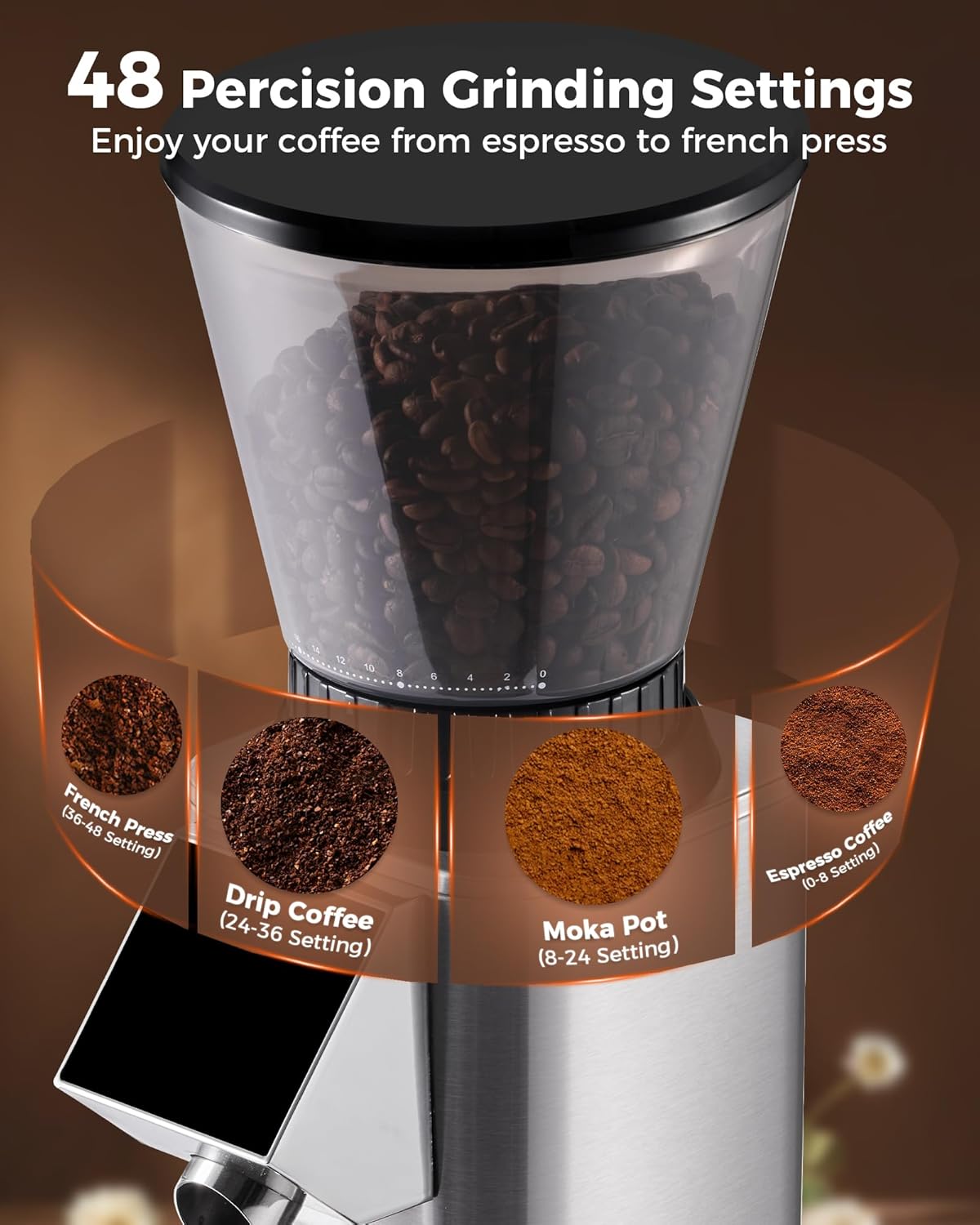 Tuni G1 Conical Burr Coffee Grinder - 48 Grind Settings & Precision Timer | Stainless Steel, Silver