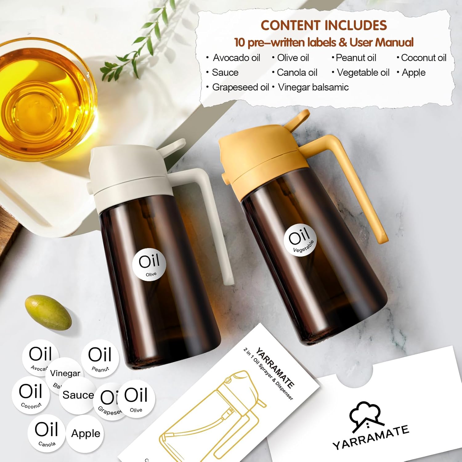 YARRAMATE Light Blocking Oil Sprayer - 16oz Food-Grade Olive Oil Dispenser Bottle | Dark Amber Glass for Cooking