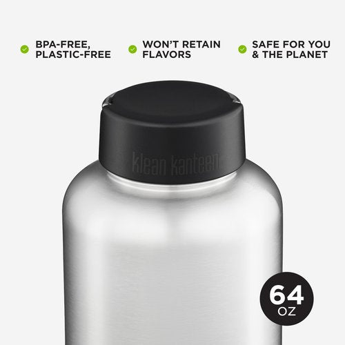 Klean Kanteen Wide Mouth Water Bottle with Loop Cap - Screw Top Leakproof Design - BPA-Free Recycled Stainless Steel - Single Wall - Lightweight Reusable Bottle - Brushed Stainless - 64 oz