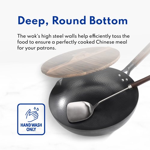 New Star Foodservice 1029154 Hand Hammered Carbon Steel, Non-Stick Wok Carbon Steel, Includes 12.7" Round Bottom, Wooden Lid, and Spatula (Hand Wash Recommended)