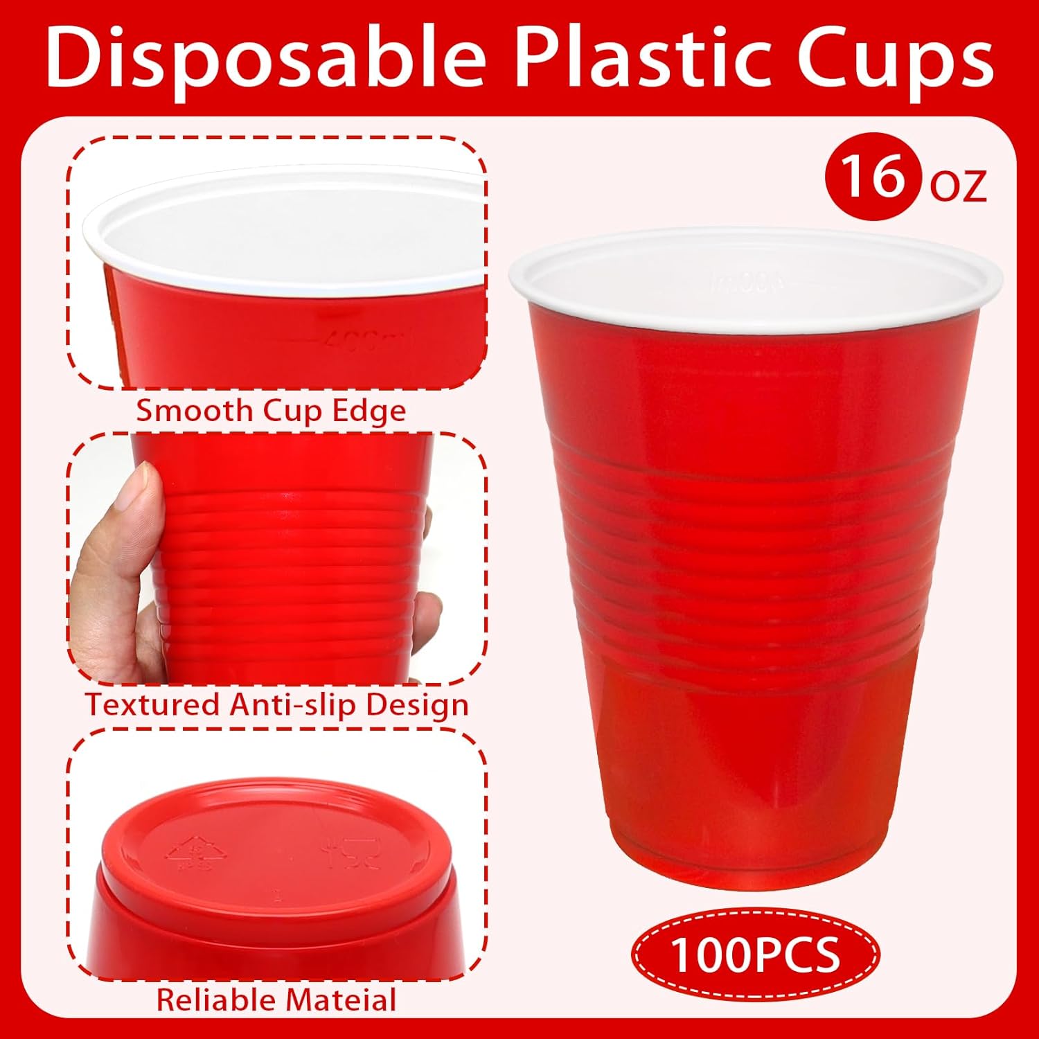 Red Plastic Cups - 16 oz Disposable Party Cups for Birthdays, Picnics & Easter | 100 Count