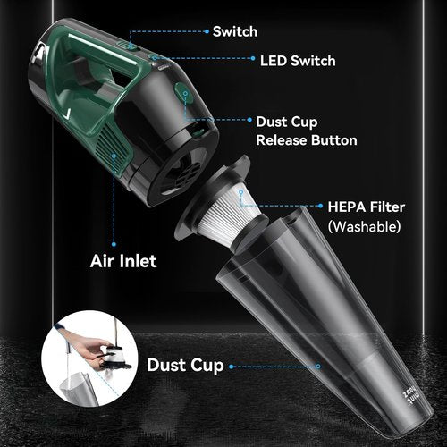 Minthouz Handheld Vacuum Cordless, Strong Suction Car Vacuum Cleaner with LED Light, Long Runtime Hand Vacuum Cordless Rechargeable, Hand Held Vac with Charging Base for Home/Car/Pet/Office