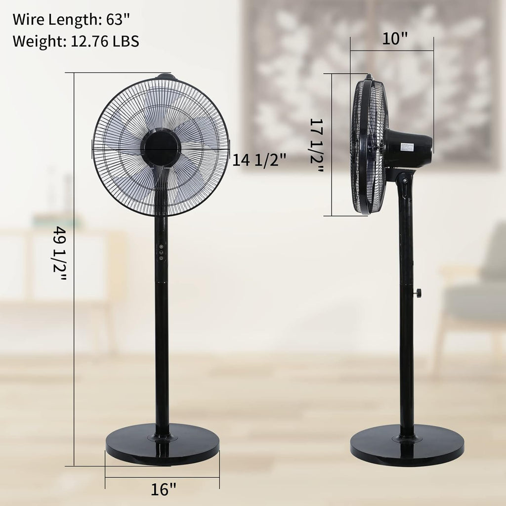 Simple Deluxe 16-Inch Stand Fan - Height Adjustable Pedestal Fan with Remote Control | 90-Degree Oscillation, Black