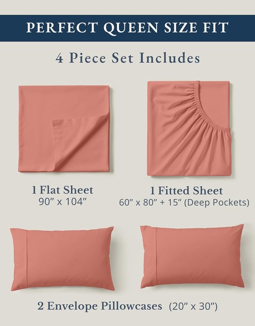 **LANE LINEN 100% Organic Cotton Queen Sheets - Eco-Friendly, Mercerized, Fully Elasticized Bedding Set in Rose Dawn**