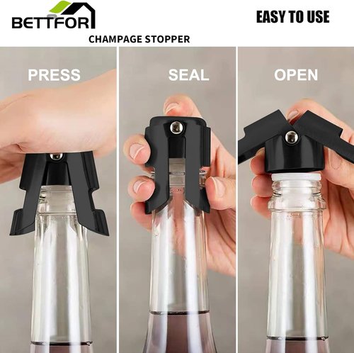 Champagne Stoppers with Stainless Steel Champagne Saver with Food Grade Silicone Leak proof Keep Fresh Suitable for Champagne, Cava, Prosecco and Sparkling (Black, 4 Pack)