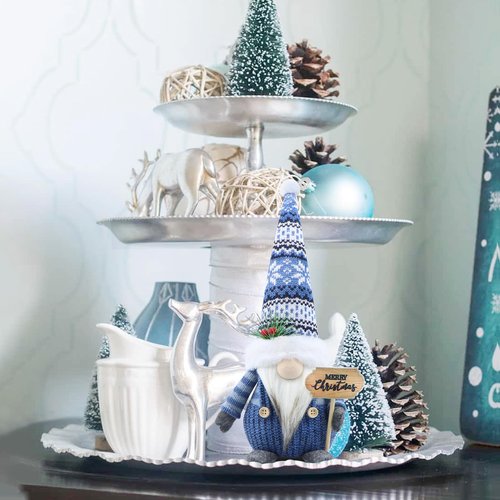 Gehydy Christmas Gnomes Decorations Gnome Handmade Decor for Home Kitchen Farmhouse Tiered Tray - Blue