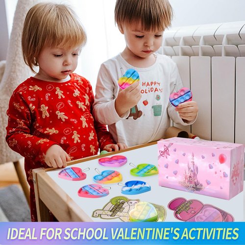 TOAPER 36 Pack Valentines Day Gifts for Kids - Bulk Prefilled Valentines Heart Pop Keychain Toys Classroom Cards, Valentine’s Day Cards for Kids Boys Girls School Class Exchange Gifts