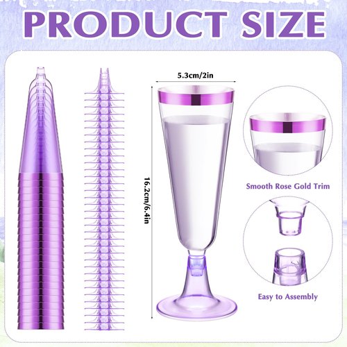 Dandat 100 Pcs Plastic Disposable Champagne Flutes 5 oz New Years Champagne Flutes with Rim Wine Glasses Mimosa Glasses for Quinceanera Birthday Party Supplies (Purple with Purple Rim)