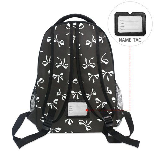 Wamika Black Bowknot Backpack for School White Ribbon Bow Tie Cute Girls Boys Backpack Bookbag Kids Children Teens Backpacks for Age 6-16 M