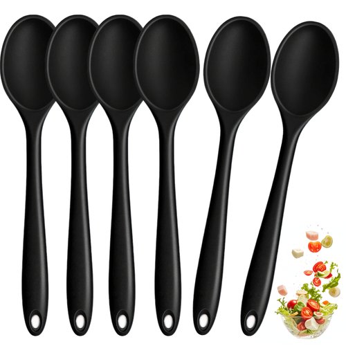 6 Pcs Small Silicone Spoons 8 Inch mini Mixing Spoons for cooking,Heat Resistant Spoons, Mixing Spoons for Kitchen Cooking Baking Stirring Mixing Tools (B Black 6PCS)