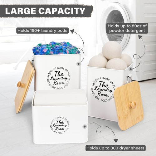 3 Pack Metal Laundry Pods Container & Dryer Sheet Holder Set, Farmhouse Laundry Room Organization and Storage Decor, Jars with Lids, Scoops & Labels for Detergent, Powder, Beads, Scent Booster