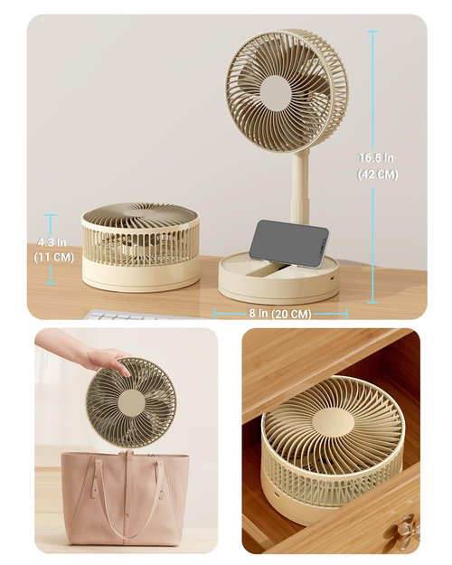 KASYDoFF Portable Fan, 8'' Oscillating Desk Fan, 5400mAh Rechargeable Small Fan for Bedroom, 4 Speeds＆8H Timer Battery Powered Travel Fans for Outdoor, Khaki