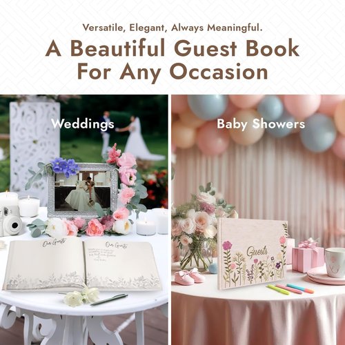 Linen Embroidered Photo Wedding Guest Book - Premium Hardcover Pink Polaroid Guestbook for Wedding Reception, Baby Shower, Bridal Shower, Funeral, Engagements -160 Pages for Notes 10.25" × 8.25"