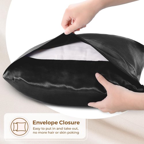 Pure Bedding Satin Pillowcase 2 Pack - Queen Size (20"x30", Black) - Silky Pillow Cases for Hair and Skin - Satin Pillow Covers with Envelope Closure - Extra Soft Premium Microfiber