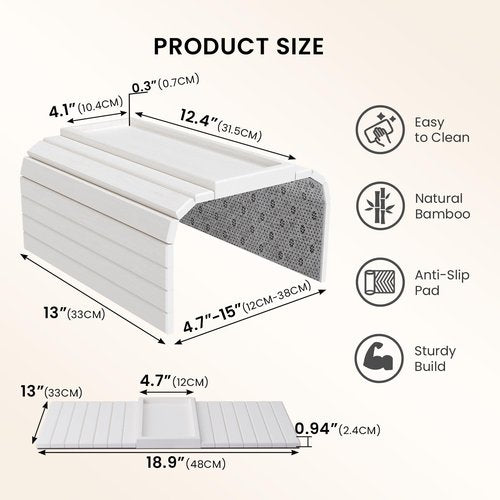 Danfoxer Sofa Arm Tray,Bamboo Folding Couch Arm Tray,Sofa Armrest Trays with Anti-Slip Pad for Drinks,Snacks,Phone,Remote Control（White）