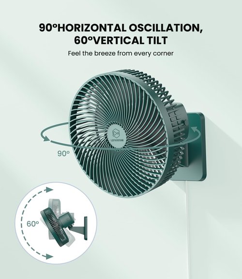 LEMOISTAR 10 Inch Wall Mounted Fan - Remote Control, 90° Oscillation, 4 Speeds, Quiet for Home & Office - Green