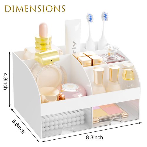 Makeup Organizer with 2 Drawers, Cosmetic Storage for Dresser Vanity and Bathroom Countertop,Make up organization and Skincare Storage with Beauty Brush Holder, Cosmetic Display Case (White)
