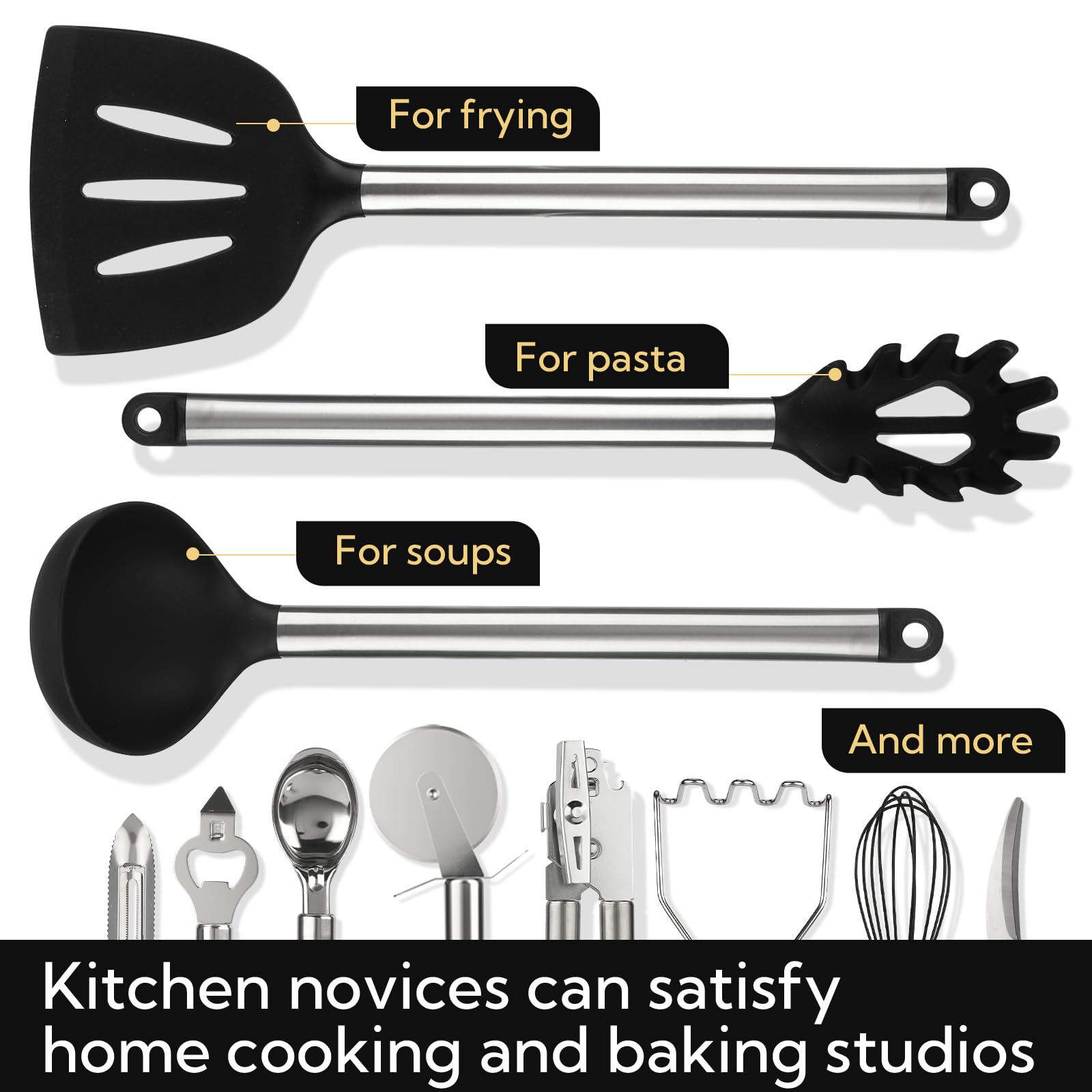 33 Pack Non-Stick black silicone cooking utensils set, Heat Resistant & Dishwasher Safe with Stainless Steel Handles for Non-Scratch Cooking and Baking，Outdoor Cooking, and Small Apartments