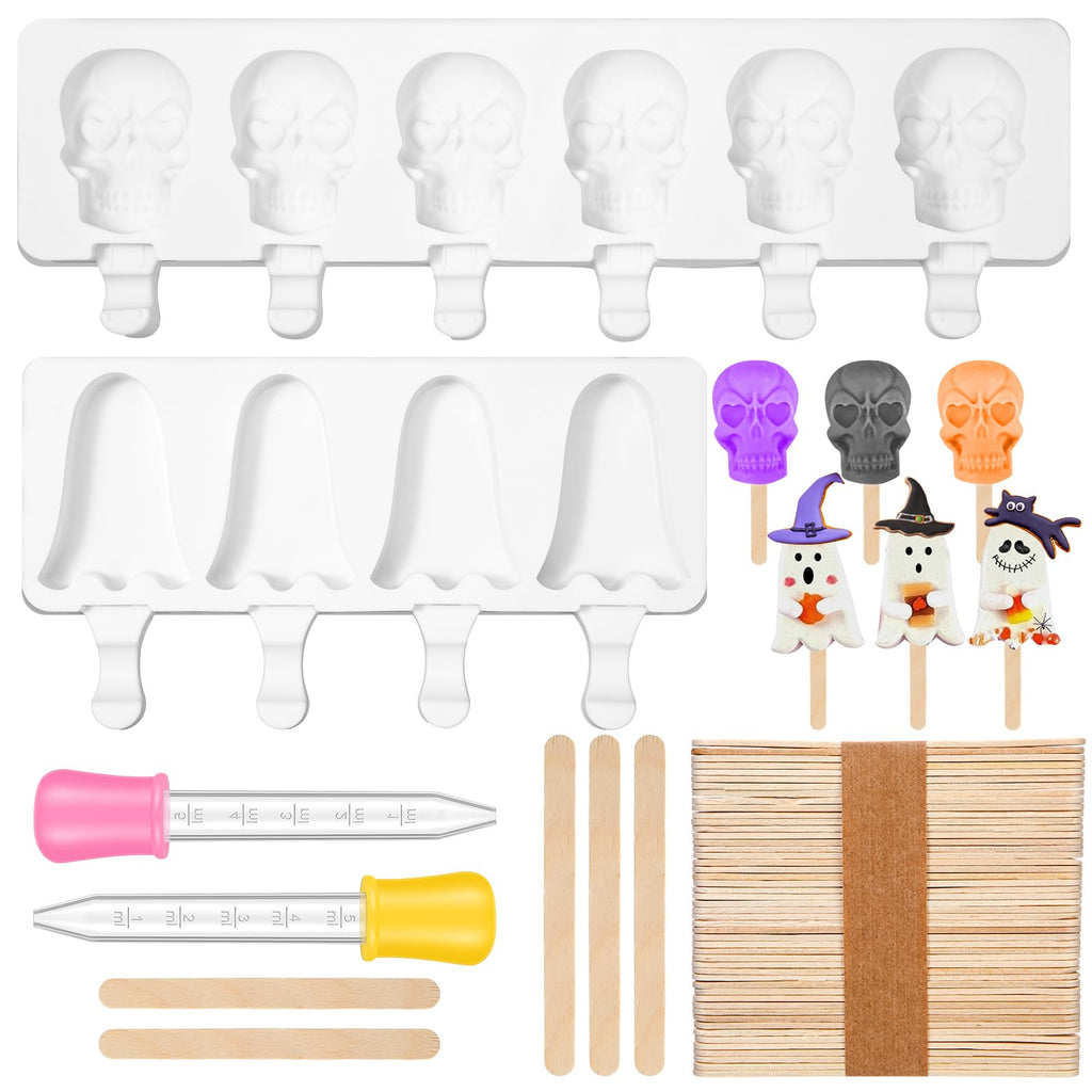 FillTouch 2 Pack Halloween Silicone Ice Cream Mold Homemade Cakesicle Mold Kits Silicone Ghost Skull Ice Pops with 50 Wooden Sticks and 2 Droppers Craft Sticks for Baking and Home Snacks DIY