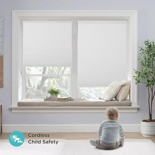Joydeco No Tools No Drill Window Blinds for Indoor Windows, Blackout Shades Cellular Shades Cordless, No Drill Blinds for Windows, Window Shades for Home, Bedrooms, Doors (White, 34" W x 64" H)